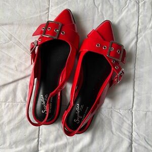 Seychelles Red Patent Pointed Slingback Flats with Buckle Detail